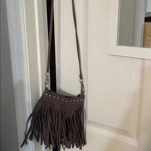 Tan/grey mini crossbody bag with fringe
